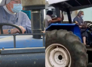 Una monja desinfecta con un tractor las calles de Chimbote