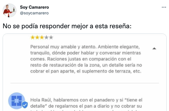 Irónica respuesta a una reseña que critica cobrar el pan aparte