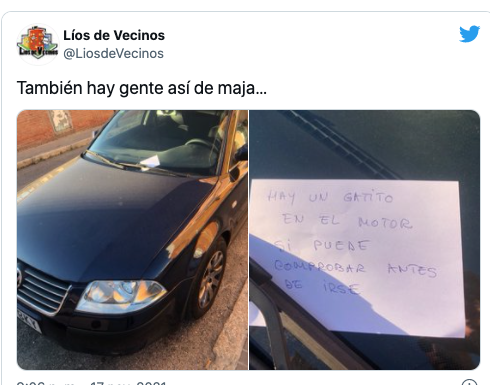 El cartel que ha enternecido a las redes: «Hay un gatito en el motor»