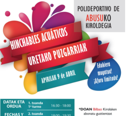 El Ayuntamiento de Bilbao ofrece 3 sesiones gratuitas de hinchables acuáticos en los polideportivos de Abusu, San Inazio y Deustu