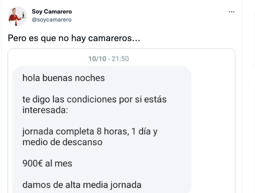 La propuesta de un hostelero a un aspirante a camarero que indigna a medio Twitter